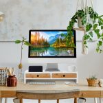 Suport pentru monitor, 2 sertare, MDF/bambus, spatiu pentru pahar si diferite accesorii, 12 x 56 x 27 cm - imagine 4