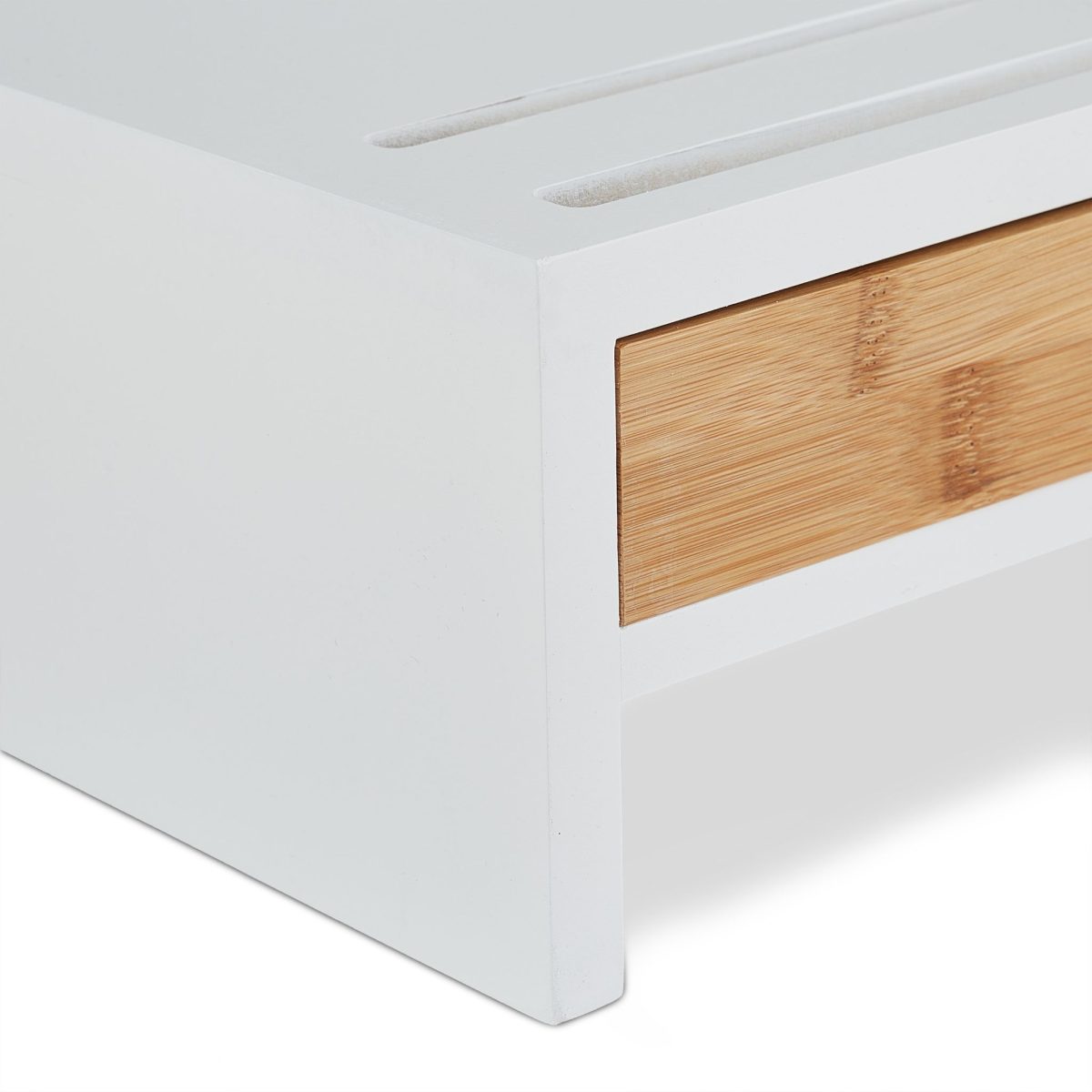 Suport pentru monitor, 2 sertare, MDF/bambus, spatiu pentru pahar si diferite accesorii, 12 x 56 x 27 cm - imagine 6