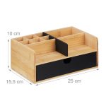 Suport organizator cu 9 compartimente, sertar, pentru birou/cosmetice, bambus, maro/negru, 10 x 25 x 15,5 cm - imagine 7