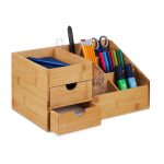 Suport organizator universal, 7 compartimente, 2 sertare, bambus, 15,5 x 33 x 20,5 cm