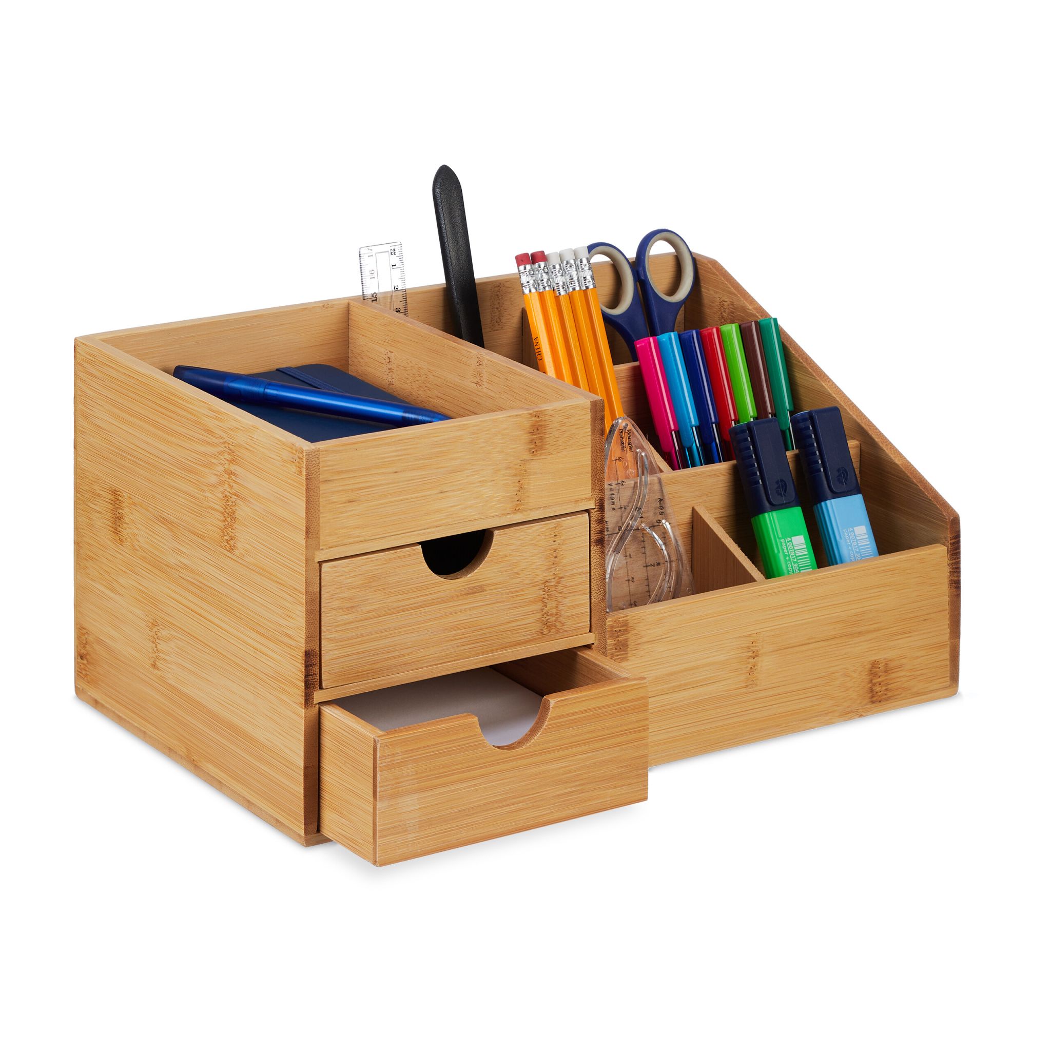 10047978_0_1_16e2f7b7749678a6cff9d1c84e564ca3 Suport organizator universal, 7 compartimente, 2 sertare, bambus, 15,5 x 33 x 20,5 cm - imagine 1