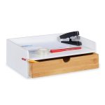 Suport organizator pentru birou, cu sertar, MDF/bambus, alb/maro, 11 x 32 x 22 cm