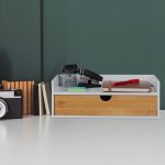 Suport organizator pentru birou, cu sertar, MDF/bambus, alb/maro, 11 x 32 x 22 cm - imagine 3