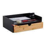 Suport organizator pentru birou, cu sertar, MDF/bambus, negru/maro, 11 x 32 x 22 cm