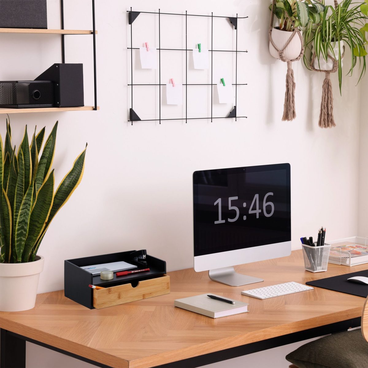 Suport organizator pentru birou, cu sertar, MDF/bambus, negru/maro, 11 x 32 x 22 cm - imagine 2