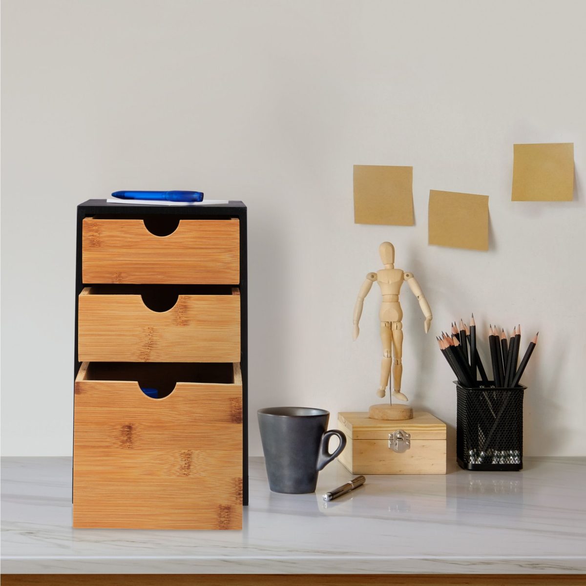 Organizator universal, 3 sertare de dimensiuni diferite, bambus/MDF, negru/maro, 28 x 17 x 21,5 cm - imagine 2