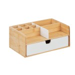 Suport organizator cu 9 compartimente, sertar, pentru birou/cosmetice, bambus, maro/alb, 10 x 25 x 15,5 cm