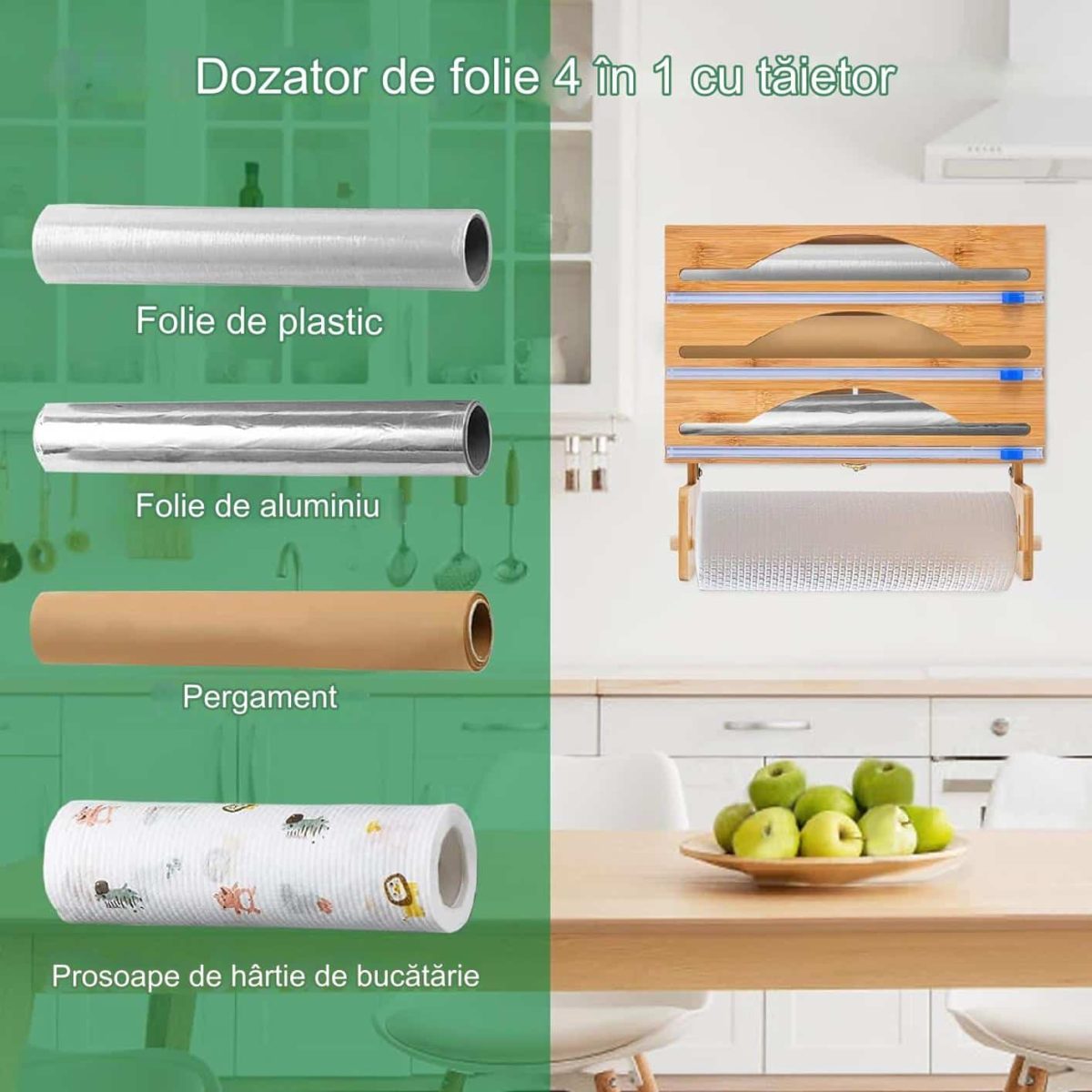 Dispenser de bucatarie 4 in 1, pentru rola de hartie si folie alimentara, 35.7 x 24.5 x 7.62 cm, natur - imagine 2