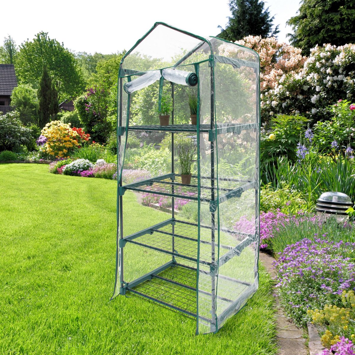 Sera cu 4 rafturi, dimensiuni 70 x 49,5 cm x 156cm, PVC, transparent, Relaxdays - imagine 2