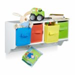 Raft depozitare pentru copii, carlige pentru haine, 4 cutii colorate din material textil, MDF, 28 x 61 x 16 cm