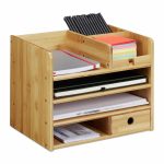 Organizator de birou din lemn bambus, 7 compartimente, pentru documente A4, pixuri si ustensile, dimensiune 33 x 26 x 24 cm