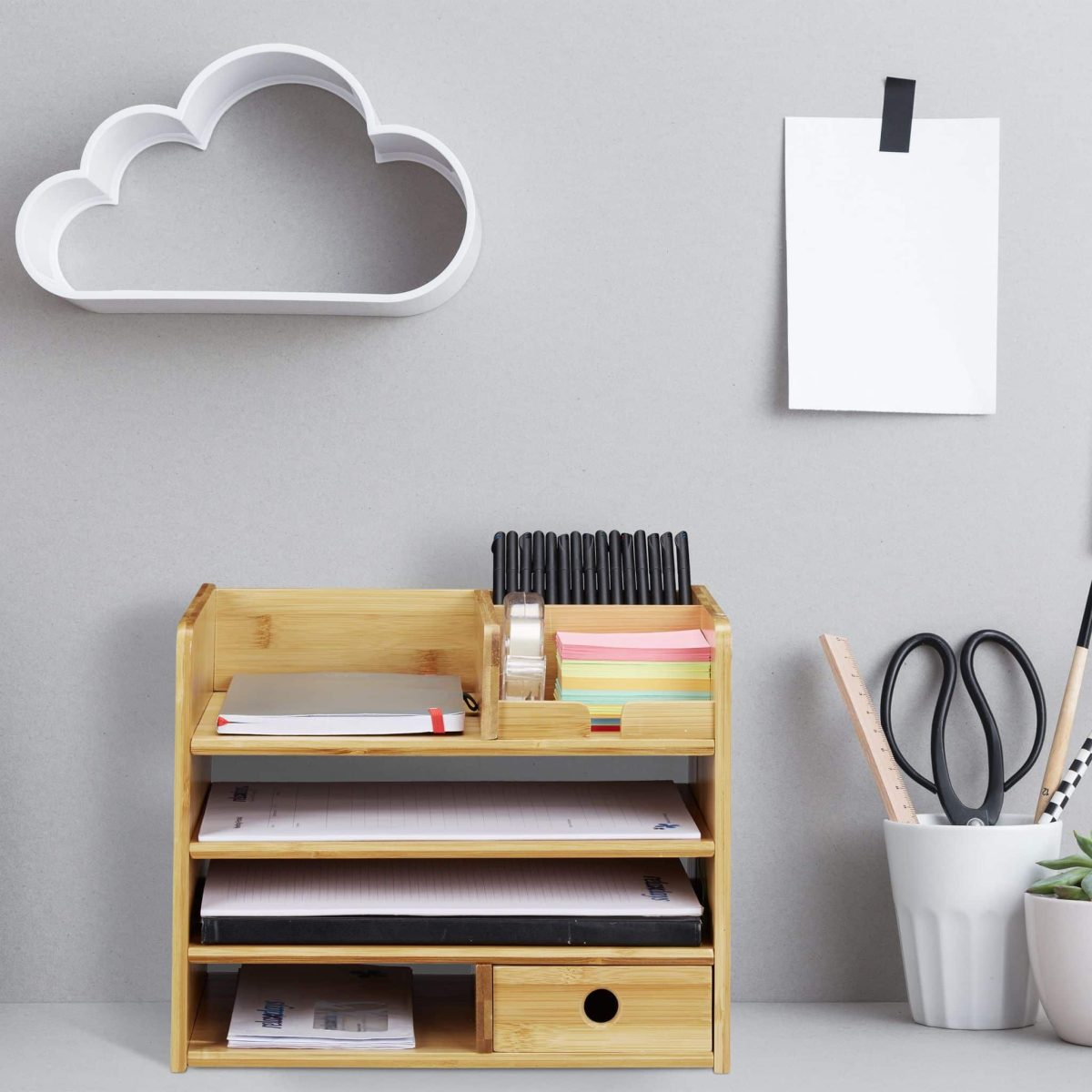 Organizator de birou din lemn bambus, 7 compartimente, pentru documente A4, pixuri si ustensile, dimensiune 33 x 26 x 24 cm - imagine 6