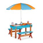 Set masa cu 2 banci pentru copii, umbrela inclusa, spatiu de depozitare in blatul mesei, lemn de pin, 50,5 x 90 x 49 cm