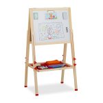 Tabla cu 2 fete, fata alba magnetica, scris si desenat, reglabila pe inaltime, raft pentru accesorii, lemn, crem, 55 x 52 cm x 135 cm