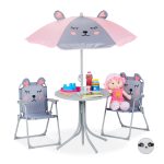 Set masa cu 2 scaune si umbrela pentru copii, model soricel, fier/poliester, roz/gri