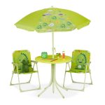 Set masa cu 2 scaune si umbrela pentru copii, model dinozaur, fier/poliester, verde