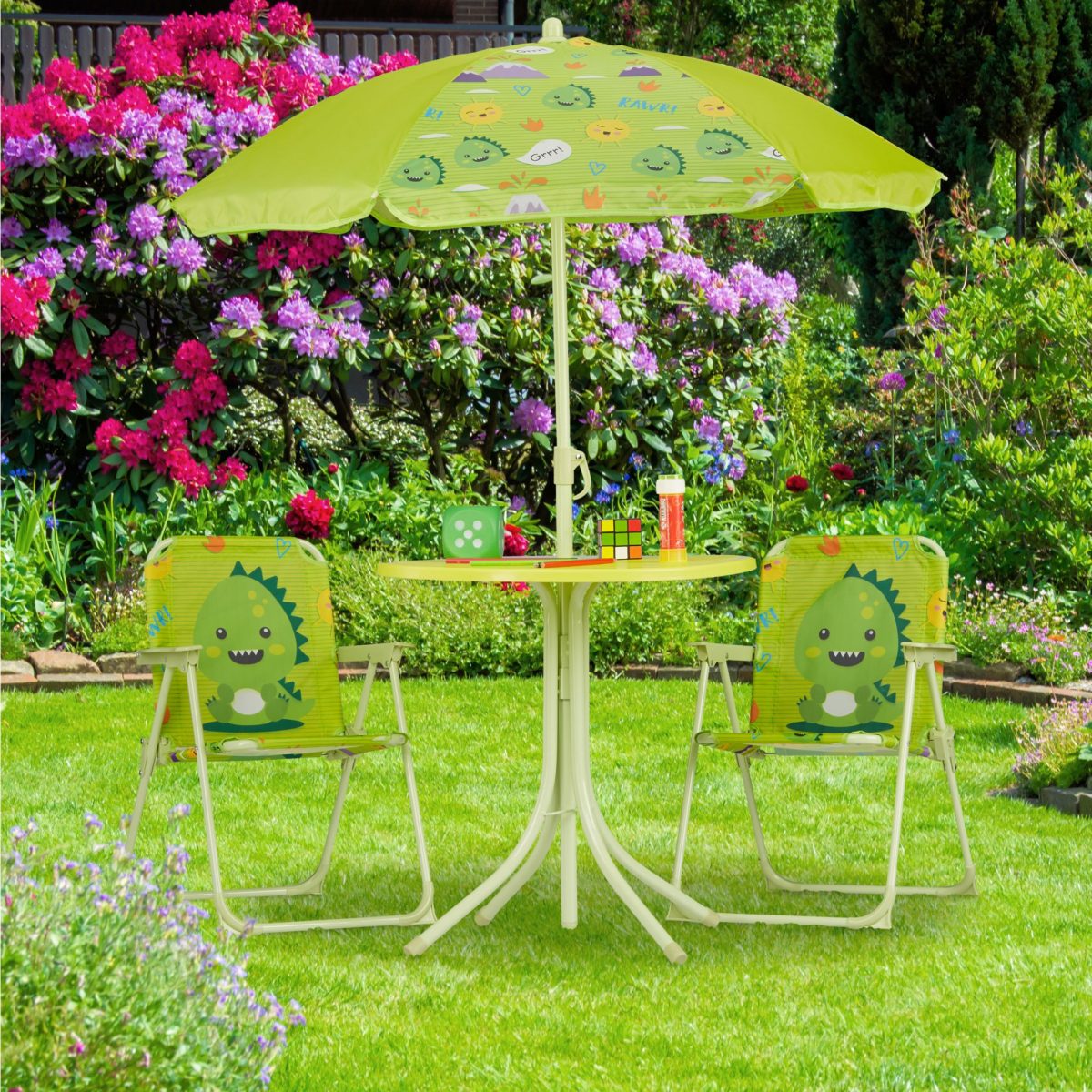 Set masa cu 2 scaune si umbrela pentru copii, model dinozaur, fier/poliester, verde - imagine 2