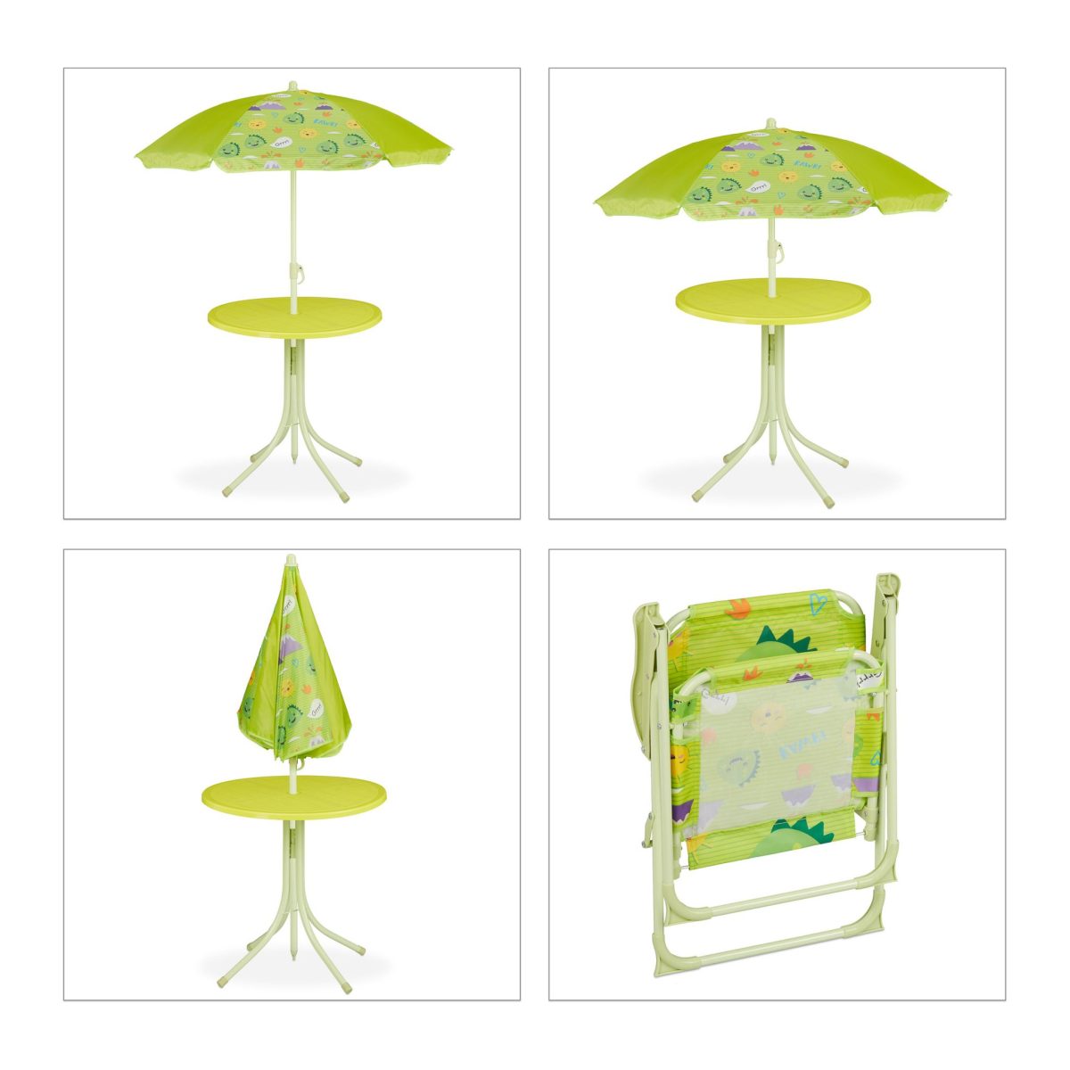 Set masa cu 2 scaune si umbrela pentru copii, model dinozaur, fier/poliester, verde - imagine 5