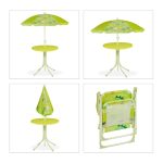 Set masa cu 2 scaune si umbrela pentru copii, model dinozaur, fier/poliester, verde - imagine 5