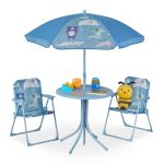 Set masa cu 2 scaune si umbrela pentru copii, model animale, fier/poliester, albastru