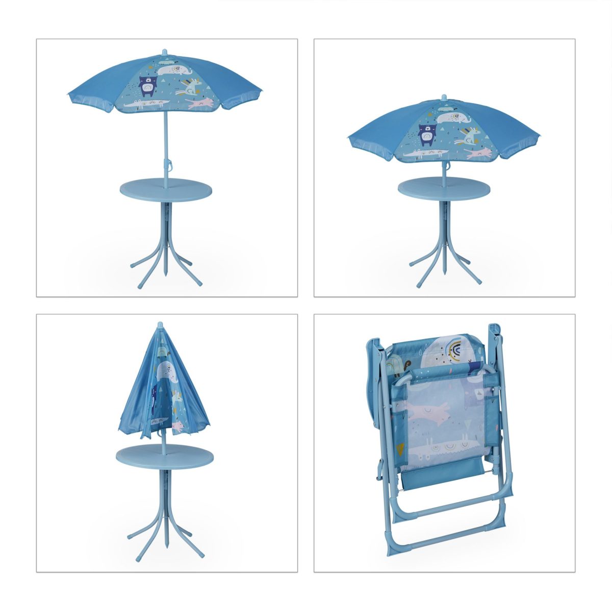 Set masa cu 2 scaune si umbrela pentru copii, model animale, fier/poliester, albastru - imagine 6