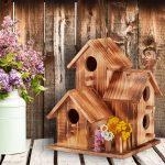 Casuta tripla pentru pasari, 4 intrari, din lemn, 34 x 20 x 19 cm