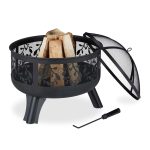 Semineu rotund, vatra de foc, pentru terasa, gradina, 60 x 60 cm, negru