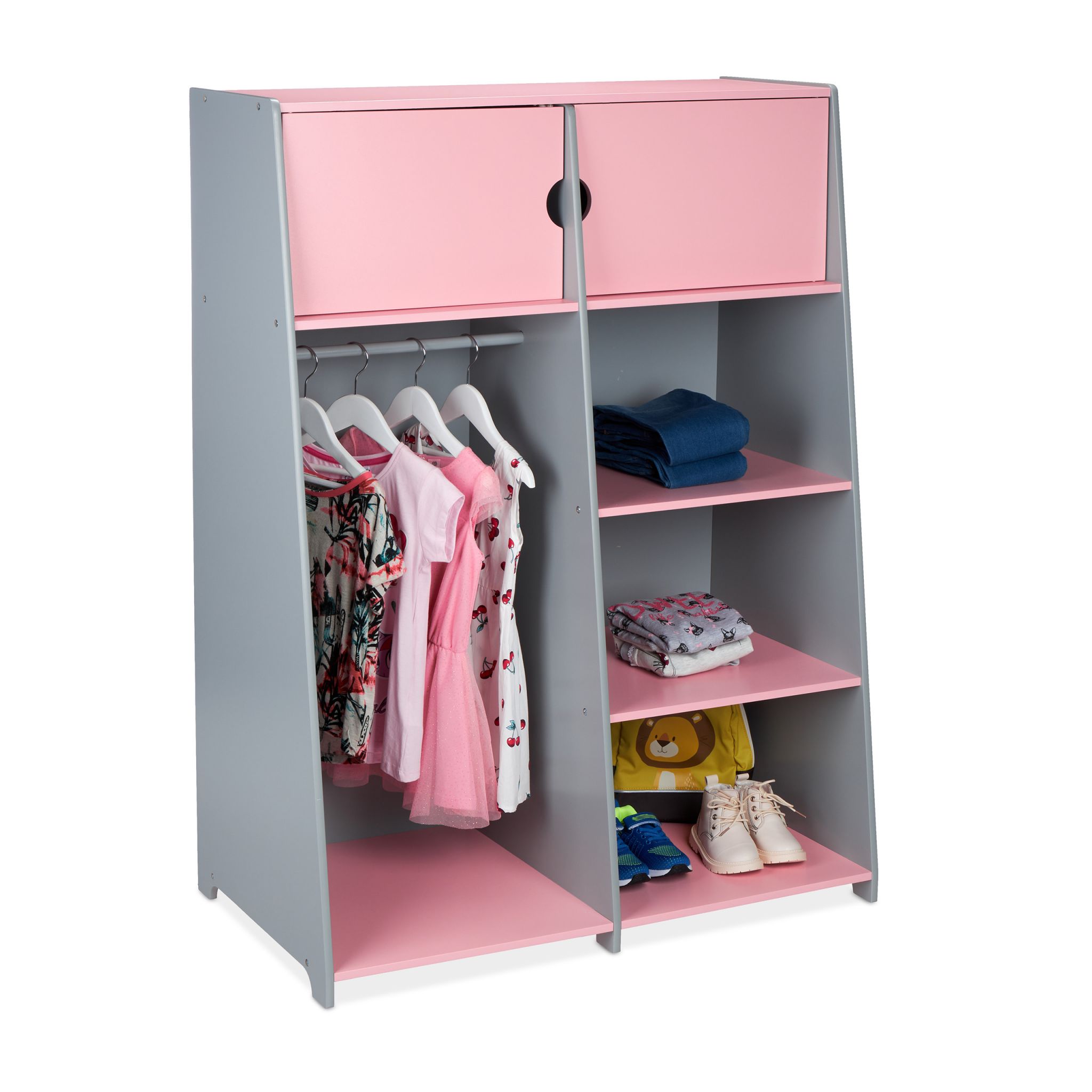 10037757_0_1_fc30f611e8e84c25d0b433cd37f6f163 Dulap pentru copii, 5 rafturi, sina, MDF, roz/gri, 120 x 90 x 48 cm - imagine 1