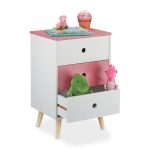 Noptiera cu 3 sertare, picioare din lemn de pin, alb/roz, MDF, 61,5 x 38 x 30 cm