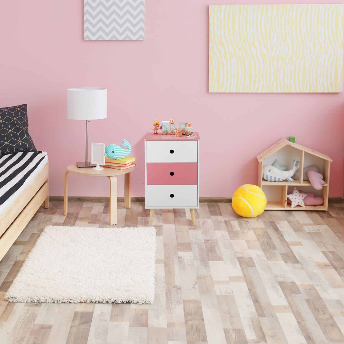 Noptiera cu 3 sertare, picioare din lemn de pin, alb/roz, MDF, 61,5 x 38 x 30 cm - imagine 2