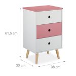 Noptiera cu 3 sertare, picioare din lemn de pin, alb/roz, MDF, 61,5 x 38 x 30 cm - imagine 4