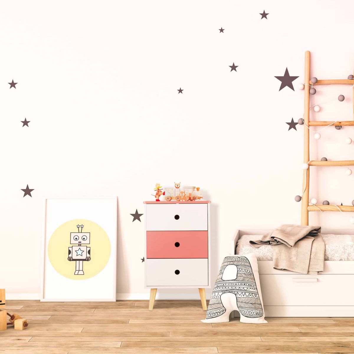 Noptiera cu 3 sertare, picioare din lemn de pin, alb/roz, MDF, 61,5 x 38 x 30 cm - imagine 5
