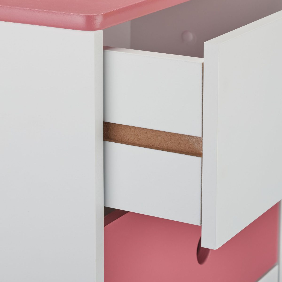 Noptiera cu 3 sertare, picioare din lemn de pin, alb/roz, MDF, 61,5 x 38 x 30 cm - imagine 6