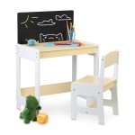 Mobilier pentru copii cu tabla pentru scris, birou si scaun, colturi rotunjite, MDF, bej, 88 x 62 x 42 cm / 30,5 x 31,5 cm