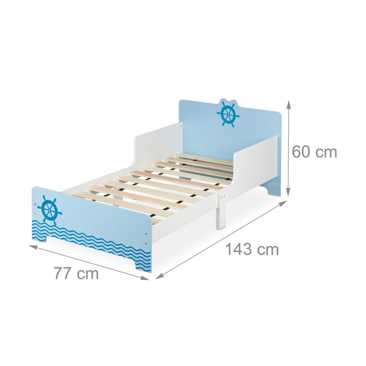 Pat pentru copii, cu design maritim, colturi rotunjite, MDF, 60 x 77 x 143 cm, dimensiuni adecvate saltelei 70 x 140 cm - imagine 3