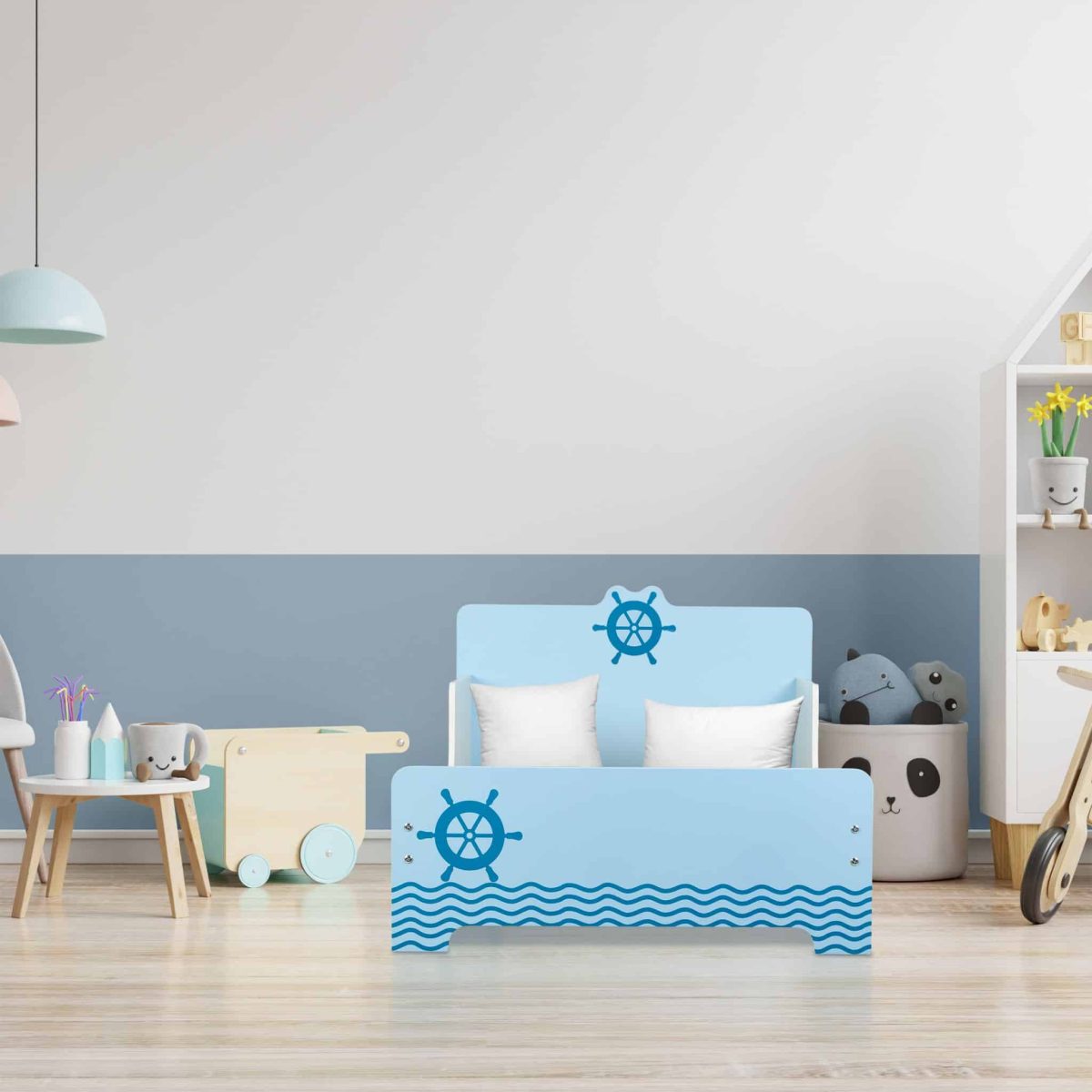 Pat pentru copii, cu design maritim, colturi rotunjite, MDF, 60 x 77 x 143 cm, dimensiuni adecvate saltelei 70 x 140 cm - imagine 4