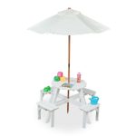 Set mobilier de gradina pentru copii, masa cu 4 scaune si umbrela, lemn de brad, 56 x 112 x 112 cm