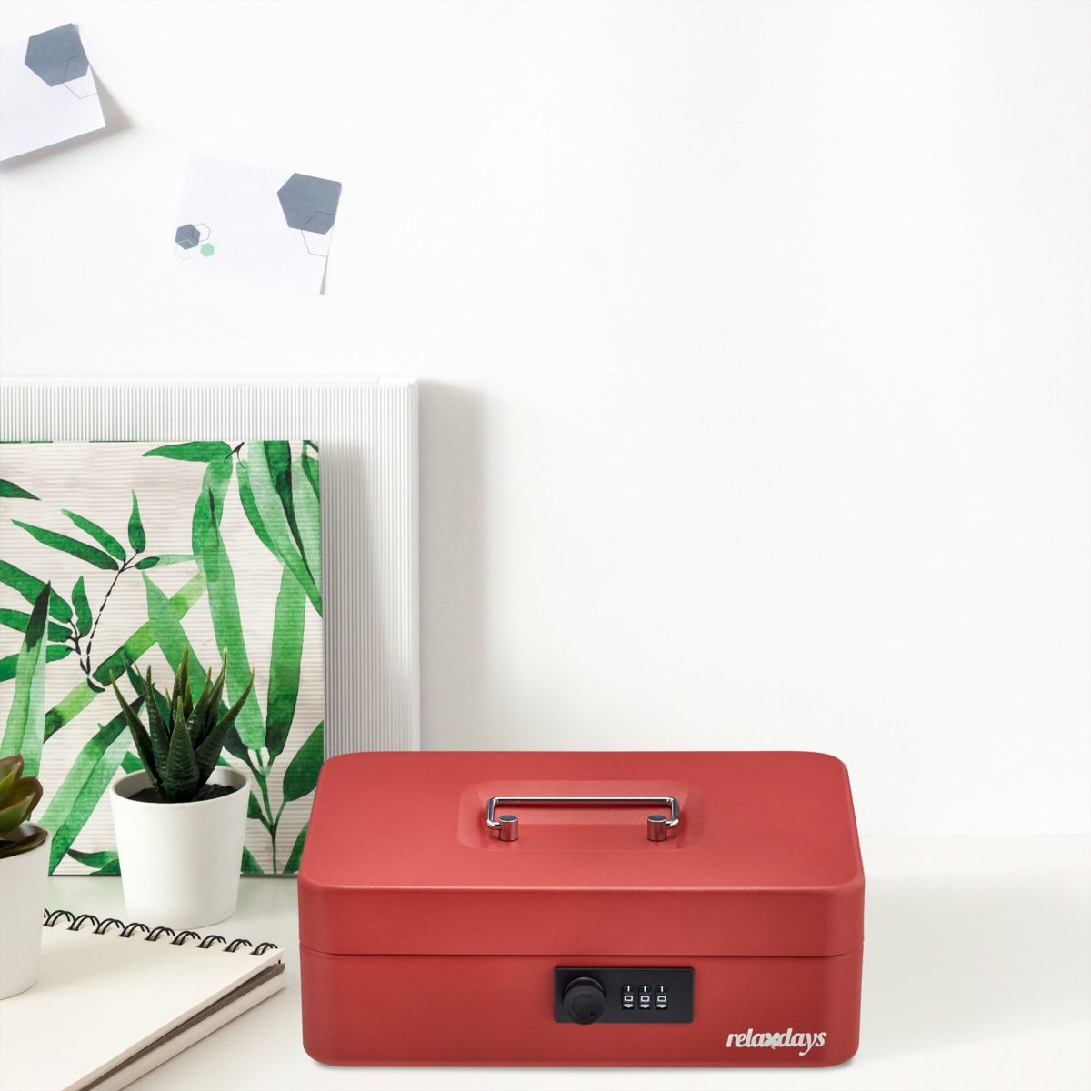 Caseta bani pentru bancnote si monede, Relaxdays, rosu, 8.5 x 25 x 19 cm - imagine 3