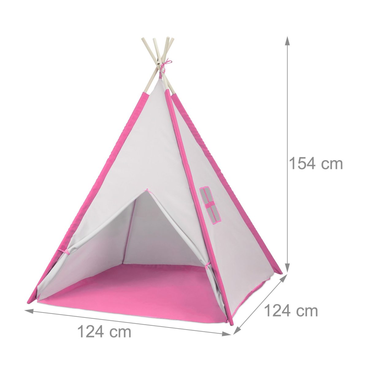 Cort indian de joaca, cu covoras, sustinut de stalpi din lemn, alb/roz, 154 x 124 x 124 cm - imagine 4