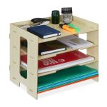 Suport/organizator pentru documente, de pus pe birou, fabricat din MDF, dimensiuni 27 x 32,5 x 25 cm, maro deschis, Relaxdays