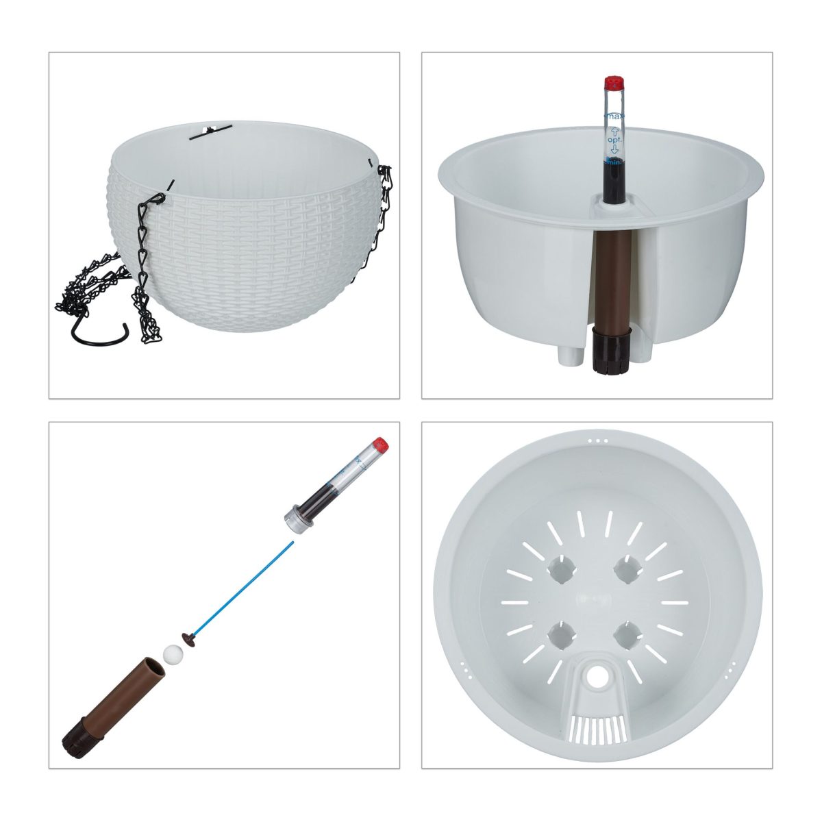 Set 2 ghivece suspendate, sistem de stocare a apei, indicator de nivel al apei, plastic/fier, alb, 54 x 18,5 cm - imagine 6