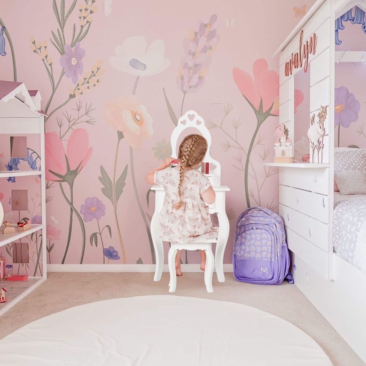 Masa de toaleta "Sophia" cu scaun si oglinda pentru copii, alba, 110 x 50 x 30 cm, Relaxdays - imagine 4