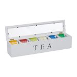 Cutie pentru ceai, 6 compartimente, bambus/acril, alb, 9 x 43,5 x 9 cm