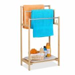 Suport pentru prosoape, raft cu tava, 3 bare, 4 carlige laterale, din bambus, 90 x 51 x 30,5 cm
