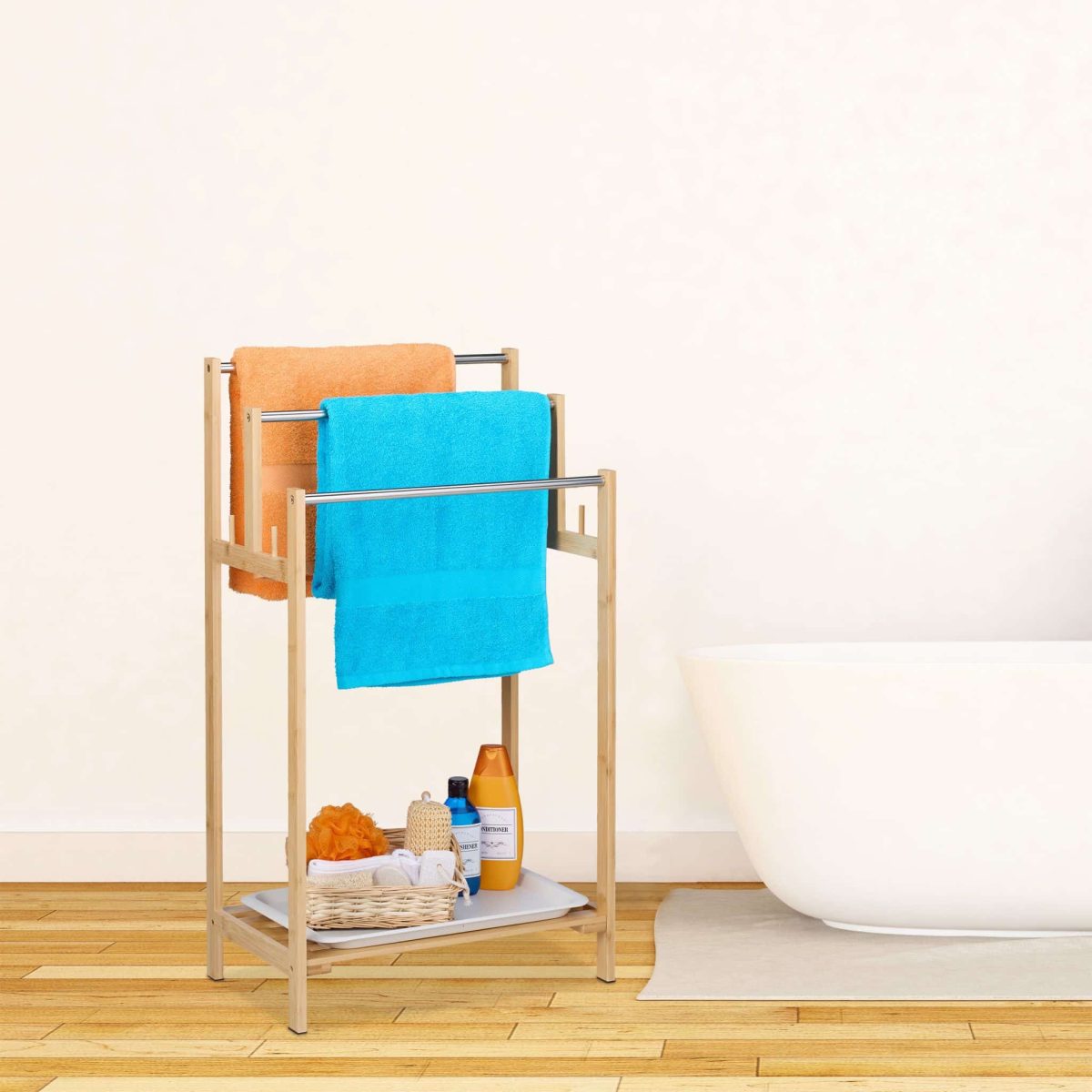 Suport pentru prosoape, raft cu tava, 3 bare, 4 carlige laterale, din bambus, 90 x 51 x 30,5 cm - imagine 2