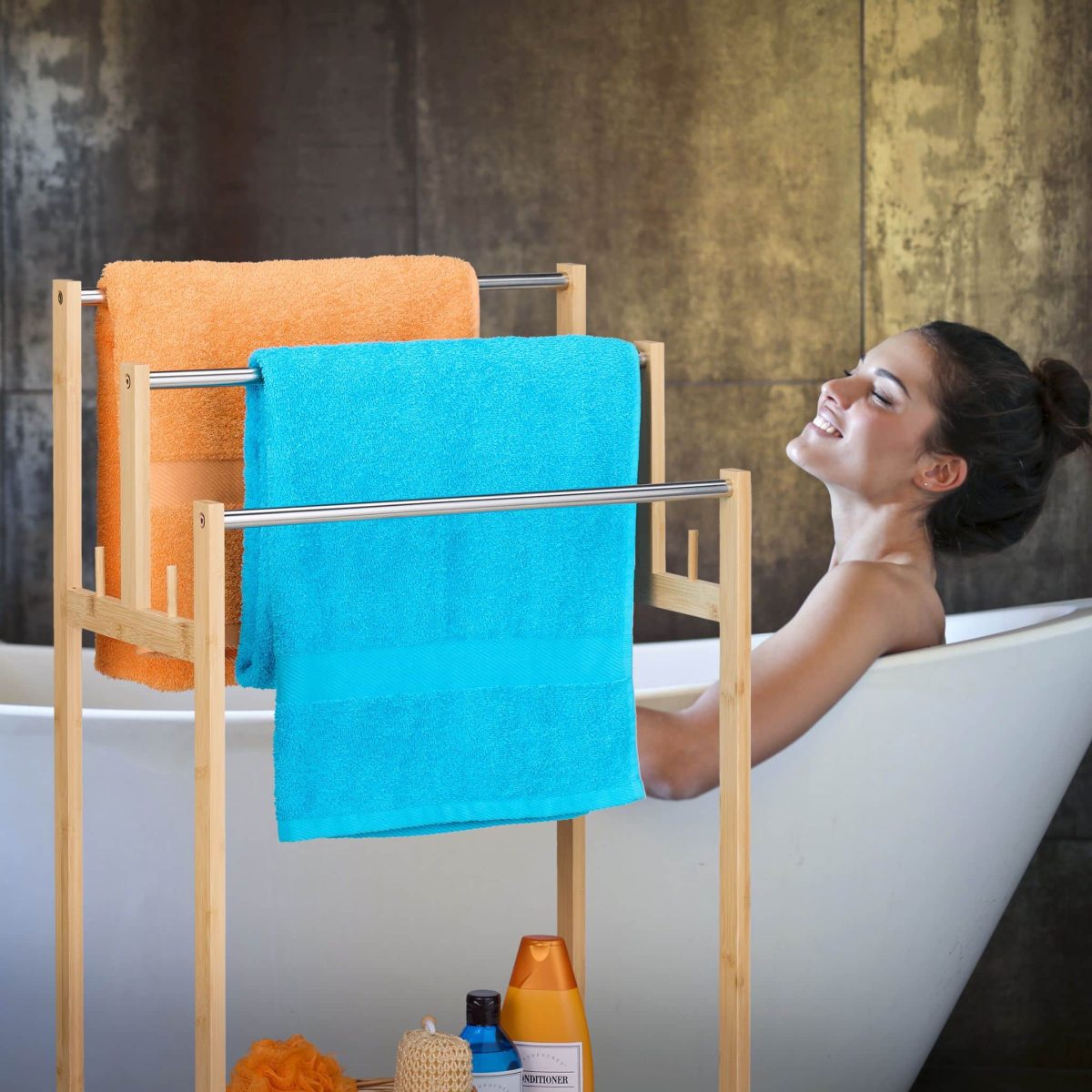 Suport pentru prosoape, raft cu tava, 3 bare, 4 carlige laterale, din bambus, 90 x 51 x 30,5 cm - imagine 3