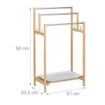 Suport pentru prosoape, raft cu tava, 3 bare, 4 carlige laterale, din bambus, 90 x 51 x 30,5 cm - imagine 4