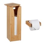 Set suport pentru hartie igienica cu suport depozitare role, din bambus, 4 x 14,5 x 14 cm / 43 x 14 x 14 cm