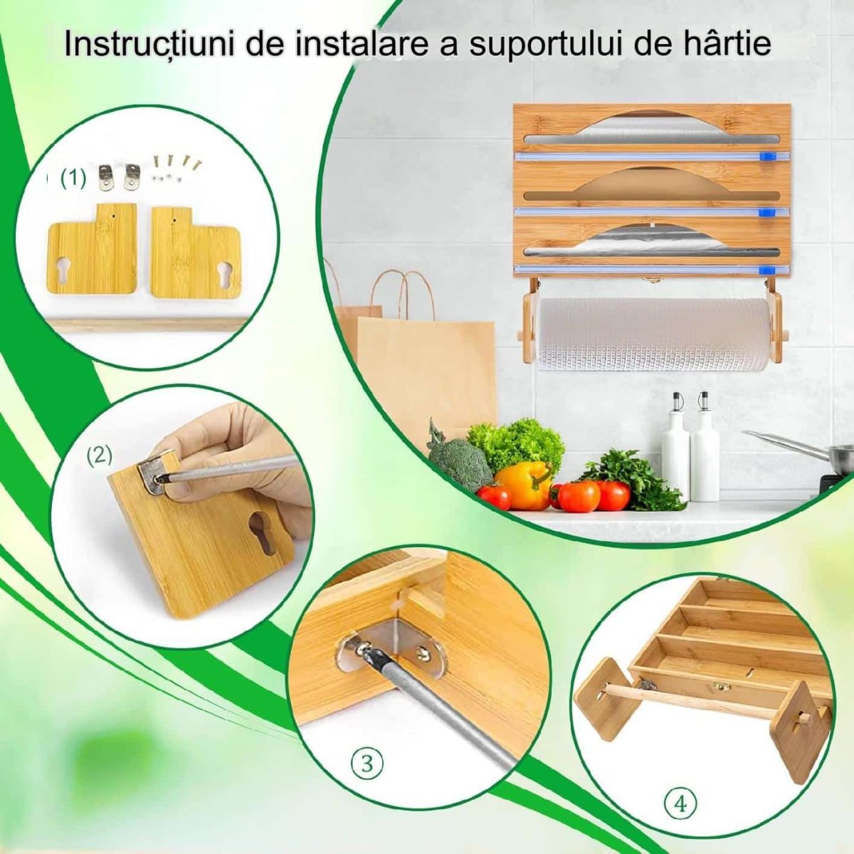 Dispenser de bucatarie 4 in 1, pentru rola de hartie si folie alimentara, 35.7 x 24.5 x 7.62 cm, natur - imagine 3