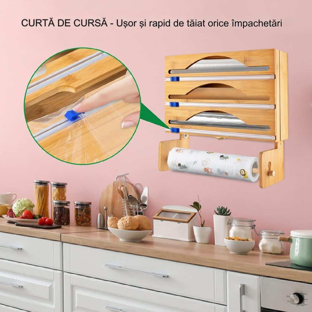 Dispenser de bucatarie 4 in 1, pentru rola de hartie si folie alimentara, 35.7 x 24.5 x 7.62 cm, natur - imagine 4